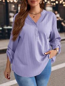EMERY ROSE Plus Size Solid Color Notched Neck Roll Up Sleeve Casual Blouse ,Winter Clothes V Neck Blouses For Women Purple Blouse Women - Mauve Purple - View 6