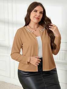 EMERY ROSE Chaqueta elegante de manga larga con falso perla de unicolor para tallas grandes - Caqui - Ver 4