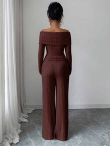 SHEIN Elenzya Women's Ribbed Brushed Off-Shoulder Top & Pants, Elegant Minimalist Casual 2-Piece Set For Date, Daily Wear, Party, Autumn/Winter - Brown - View 2