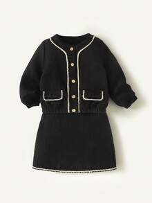 Maija Kids 年轻女孩黑色粗花呢拼布黑白丝带夹克和裙子休闲优雅套装 - 黑色 - 查看 1