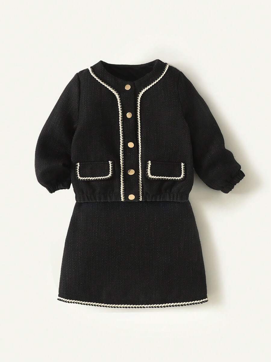 Maija Kids 年轻女孩黑色粗花呢拼布黑白丝带夹克和裙子休闲优雅套装 - 黑色 - 查看 1