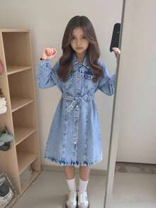 Elladie kids Tween Girls Y2K Style Denim Dress,Vintage Light Blue Long Sleeve Fitted Silhouette,Soft Casual School & Back-To-School Fashionable Autumn Dress - Light Wash - View 3