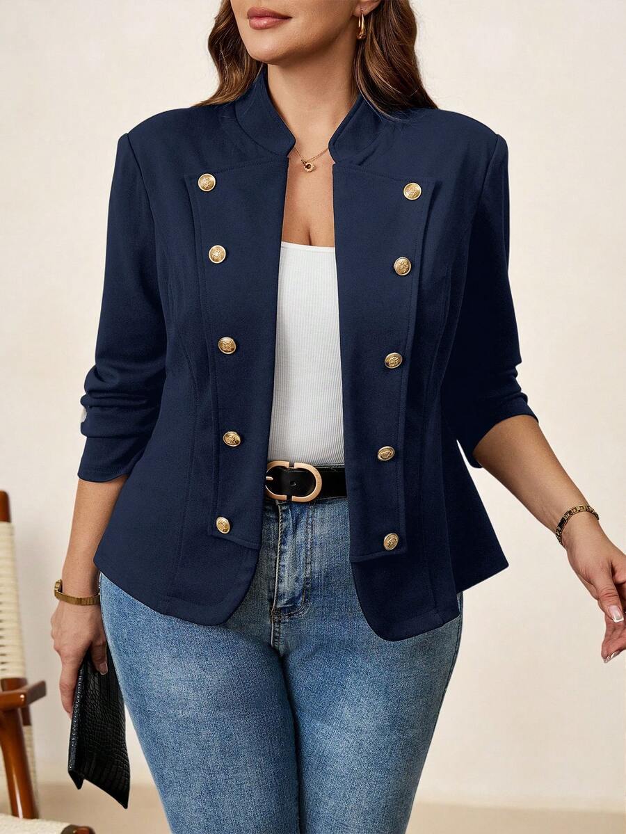 Chikora Áo khoác tay dài hai hàng khuy kim loại cỡ lớn dành cho nữ mùa thu - Màu xanh lam - Xem 1