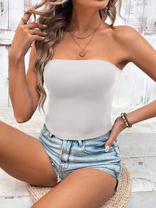 Sylviya 女士休闲纯色抹胸，百搭修身短款背心，适合夏季 - 灰色 - 查看 8