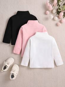 SHEIN Playful Pals 3件装女婴针织柔软长袖上衣，适合0-3岁儿童，高领长袖衬衫，面料柔软亲肤，增添甜美气息，适合秋冬季作为内搭，适合户外活动、家庭聚会等场合。