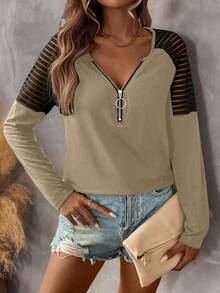 SHEIN LUNE Women's Autumn Splice Shoulder Zip V-Neck Raglan Long Sleeve Casual Knit T-Shirt - Apricot - View 5