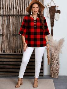 EMERY ROSE Camisa casual minimalista de talla grande con estampado a cuadros texturizado en rojo, adecuada para fiestas de primavera/otoño - Multicolor - Ver 7