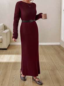 EURMUSE Boat Neck Ribbed Knit Midi Dress – Earthy Brown | Oversized Fit With Textured Stitch - Burgundy - View 6