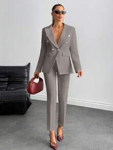 EURMUSE 女士简约商务纯色翻领双排扣西装外套和裤子 - 淺灰色 - 查看 4