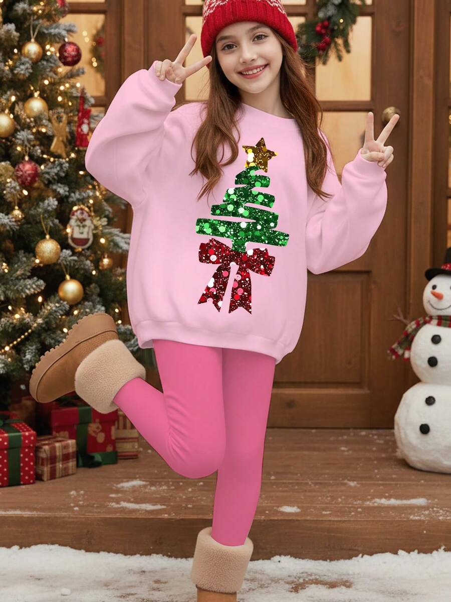 SHEIN Leap Crew Tween女孩2件組聖誕粉色秋季休閒婚禮可愛蝴蝶結冬季衛衣與內搭褲套裝,圓領長袖服飾 - 彩色 - 查看 1