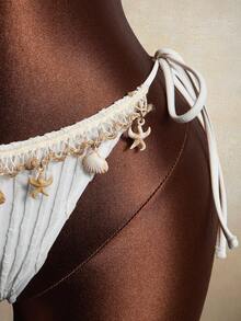 Zestiva Women's 2 Pieces Wavy Striped Shell Tape Splice Tie Neck Bikini Set, Summer,Bohemia,Boho - Beige - View 8