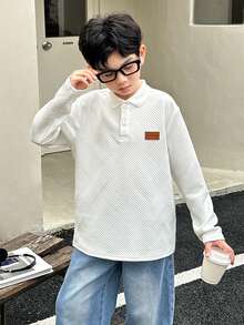 SHEIN Little Byeori 韩版男童休闲针织领长袖polo衫，适合通勤、上学、休闲、大学、运动、秋冬季穿着。 - 白色 - 查看 6