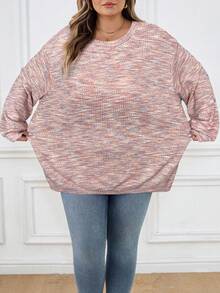 SHEIN CURVE+ 大码女式彩色华夫格针织套头卫衣，秋冬季 - 粉色 - 查看 4