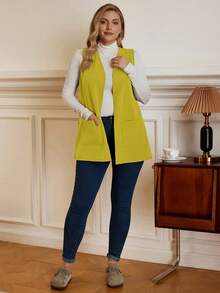 EMERY ROSE Chaqueta casual suelta de unicolor sin mangas con bolsillo, para mujer, para primavera/verano, verano, vacaciones / vacaciones en otoño/invierno, talla grande - Amarillo - Ver 5