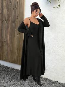 Elenzga Plus Size Black Autumn Elegant Formal Dinner Evening Two Pieces Set,Soft Elastic Waist A-Line Camisole Dress,Brushed Ribbed Long Sleeve Long Cardigan - Black - View 7