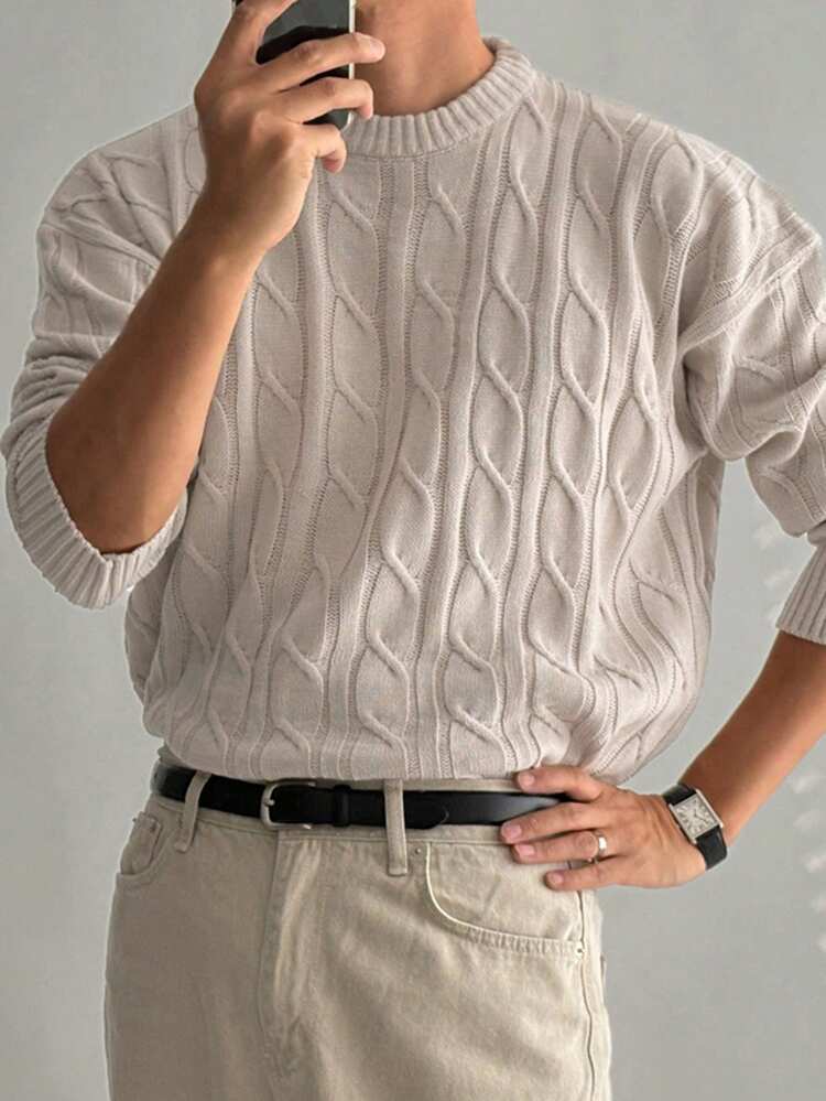 Men's Textured White Crew Neck Sweater, Autumn/Winter