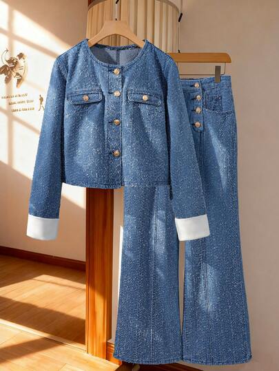 GlowEve 女士纯色简约长袖外套牛仔裤套装，休闲日常穿着