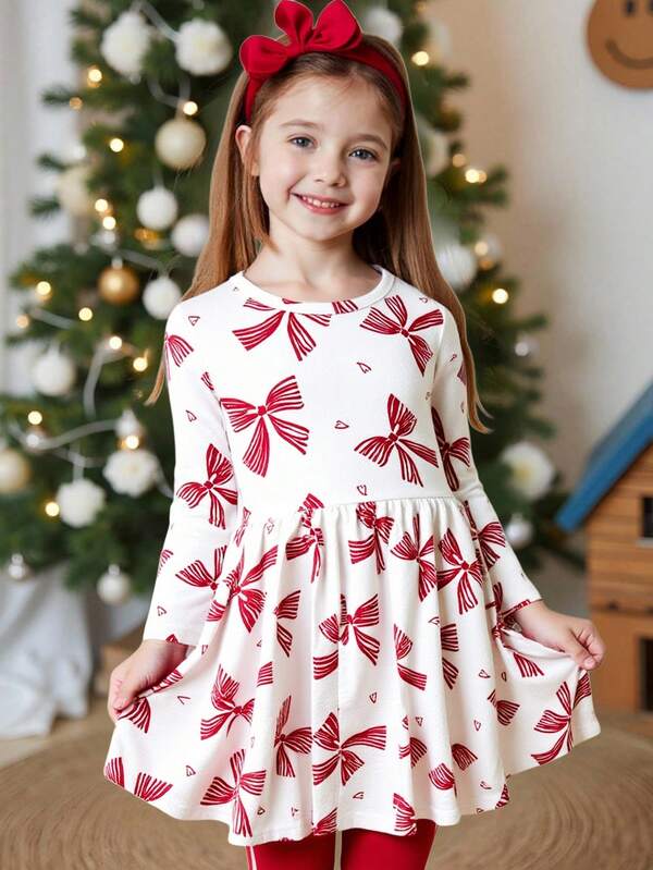 Leap Crew 1pc Girls Casual Cute Colorful Bow Pattern Full Printed Long Sleeve Round Neck Knit Dress, Suitable For Autumn And Winter, Casual Daily Wear And School Wear, Back To School Season