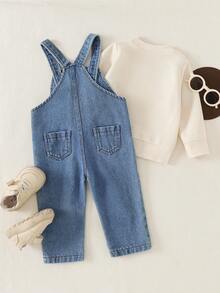SHEIN 2 pièces/Set Pantalon salopette en jean bleu clair à la mode pour bébés garçons/unisexe avec poches et T-shirt à manches longues blanc, convient pour le printemps, l'automne, le style casual