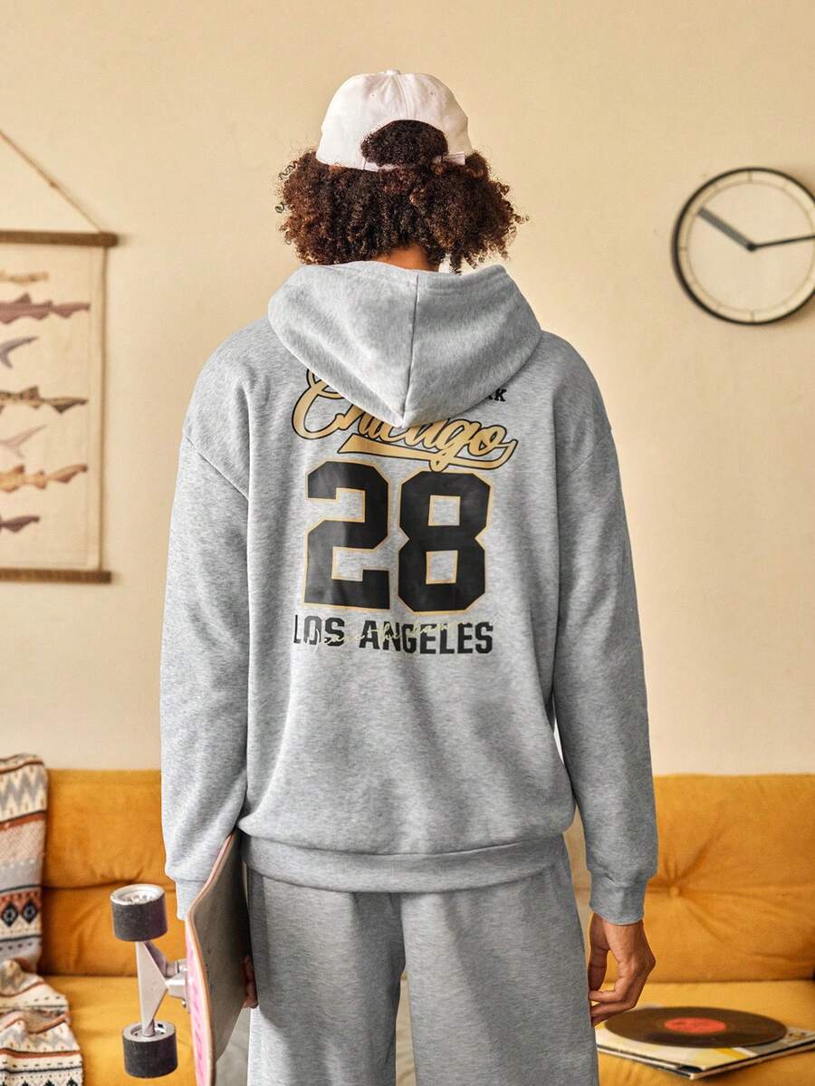 Open Phase 男士长袖口袋人物印花休闲连帽运动衫，秋季 - 灰色 - 查看 1