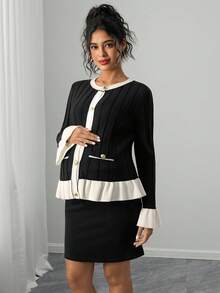 Momance Women Loose Fit Faux Pocket Contrast Ruffle Trim Elegant Maternity Crew Neck Long Sleeve Cardigan Sweater, Suitable For Daily Commute And Dates