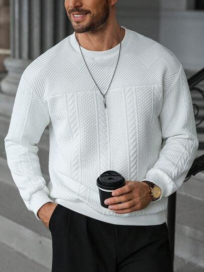 Manfinity Homme 男士提花针织舒适面料长袖圆领卫衣，男士休闲度假派对用餐居家办公百搭款式，送给男友或丈夫的最佳礼物