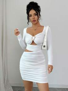 Gloray Women's Ruched Metal Buckle Ruched Sexy Dress - White - View 4