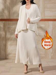 Modelyn 2pcs/Set Women's Elegant Fuzzy Jacket And Bodycon Maxi Dress, Autumn/Winter