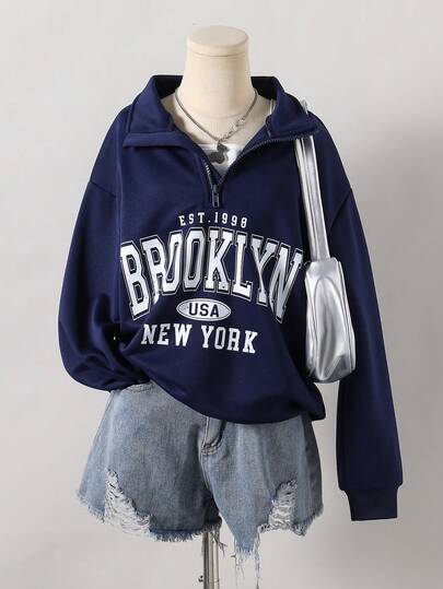 1件装少女圆领半拉链布鲁克林字母印花长袖套头卫衣，秋季款