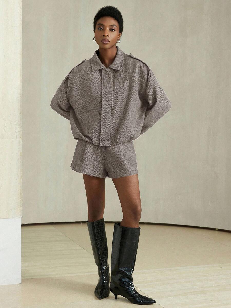 Aveloria Modichic Set de 2 piezas de chaqueta bomber y shorts con mangas de murciélago y diseño de espiga para mujer