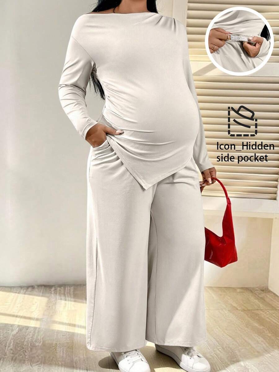 SHEIN 2pcs Maternity Plus Size Solid Color Asymmetric Shoulder Drop Shoulder Long Sleeve Top And Adjustable Waist Wide Leg Pants Casual Outfit Pregnant Outfits Maternity Pants Set Pregnancy Clothes Plus Size Maternity Set Maternity 2 Piece Set - Beige - View 1