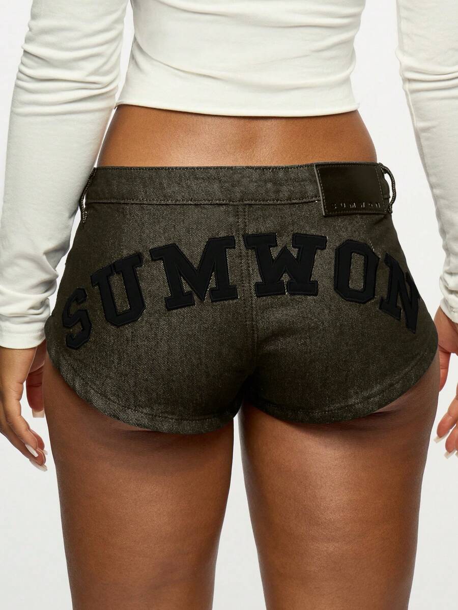 SUMWON WOMEN Olive Denim Booty Shorts With Back Text Print Festival Summer Jean Shorts For Women Mid Rise - Light Grey - View 1