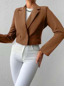 SHEIN Cottnline Women's Solid Color Long Sleeve Two-Button Short Casual Blazer - Camel - View 5