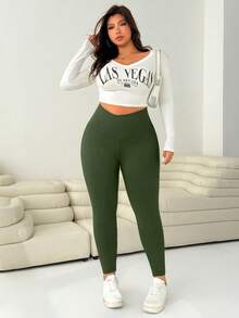 SHEIN EZwear Quần legging bó màu xanh ô liu cỡ lớn dành cho nữ - xanh quân đội - Xem 5