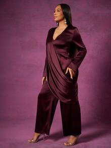 Vixey Satin Deep V Neck Draped Sash Straight Leg Jumpsuit