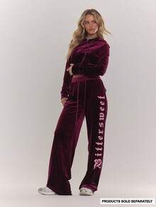 MUSERA Velour Embroidered Straight Leg Joggers Tracksuit Bottoms Only Winter Cute Casual Cosy Cherry Lacquer - Maroon - View 1