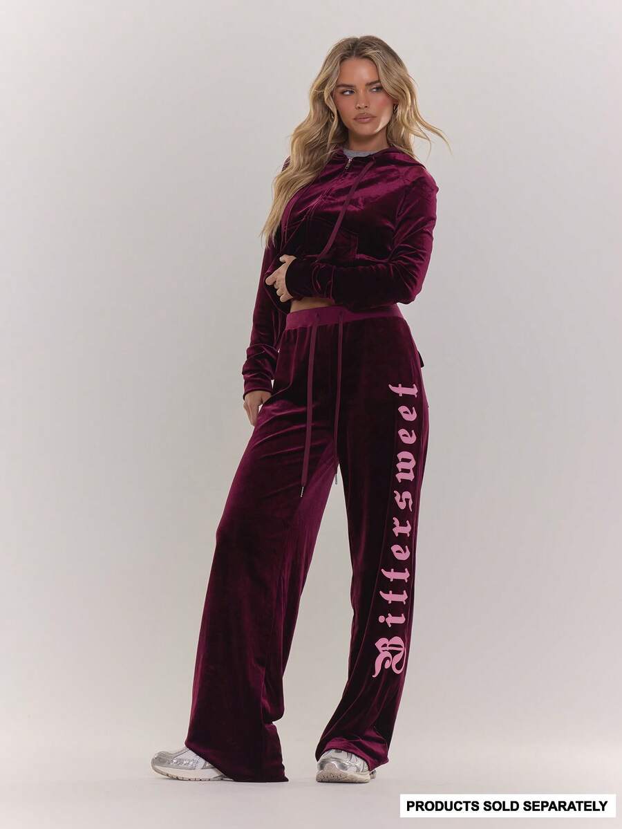 MUSERA Velour Embroidered Straight Leg Joggers Tracksuit Bottoms Only Winter Cute Casual Cosy Cherry Lacquer - Maroon - View 1