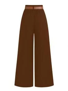 SHEIN PETITE 娇小女性通勤简约百搭可折叠裤 - 棕色 - 查看 2