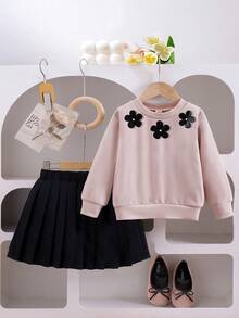 SHEIN Elladie kids 2 件女童休闲可爱针织运动衫套装，长袖蝴蝶结上衣和黑色百褶裙，适合秋季、假日和日常穿着 - 杏色 - 查看 4