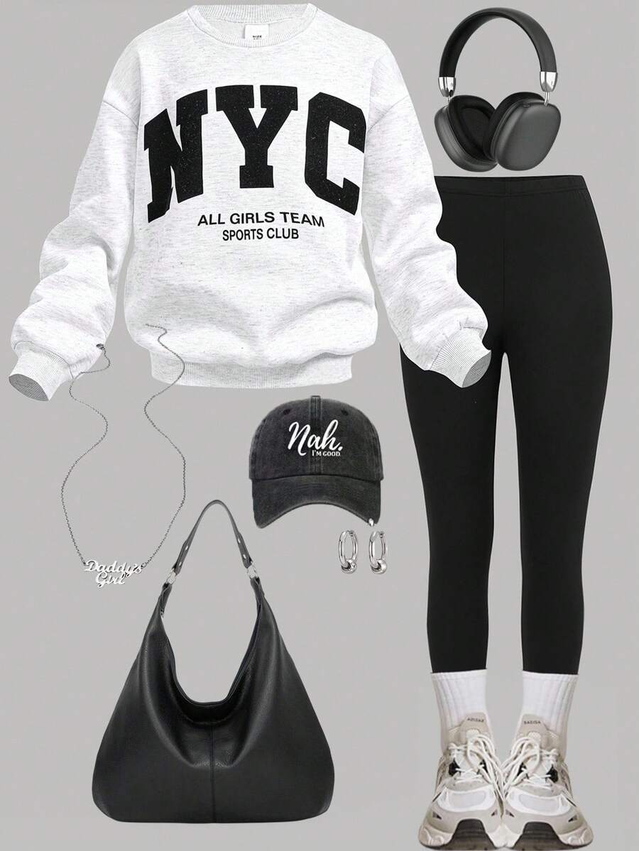 SHEIN Girlism Trang phục thường ngày cho bé gái tuổi teen - Áo nỉ cổ tròn màu xám nhạt dáng rộng in chữ NYC, kết hợp với quần legging in họa tiết bó sát - Xám - Xem 1