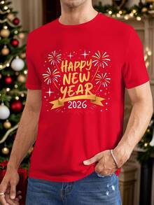 Manfinity Homme 2026新年快乐图案男士短袖T恤，适合家庭聚会、情侣约会、送给丈夫/男友的礼物 - 紅色 - 查看 4