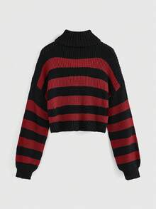 ROMWE Kawaii Casual Cute Black Cat Embroidery Striped Turtleneck Sweater For Girls - Multicolor - View 2