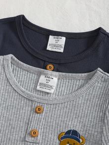 4件套男童柔软舒适面料套装，可爱小熊刺绣装饰，休闲修身长袖上衣和裤子家居服套装 - 彩色 - 查看 7