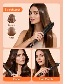 JMMO Thermal Brush Curling Brush, Blowout Heated Round Volumizer, Hair Straightener & Curler & Comb 3 In 3, Negative Ion For Smoother, LCD Display-EU Plug