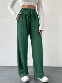 EURMUSE Elastic Waistband Drawstring H-Shape Wide Leg Design Casual Women's Long Pants