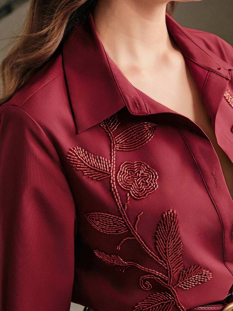 Women's Elegant Urban Minimalist Embroidered Pearl Decorated Blouse, Autumn/Winter