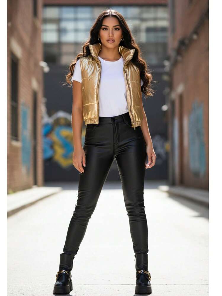 Mujer chaleco urbano casual PU brillante diseño holgado cuello alto sin mangas otoño invierno outdoor versátil - Dorado - Añade 1
