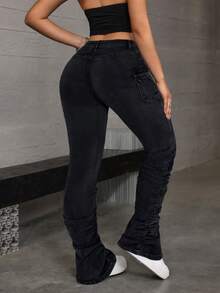 SHEIN 少女时尚休闲 Y2K 复古酷炫街头返校学院风黑色工装口袋设计牛仔弹力修身低腰牛仔裤秋冬秋季锐舞节和街头服饰 - 黑色 - 查看 2