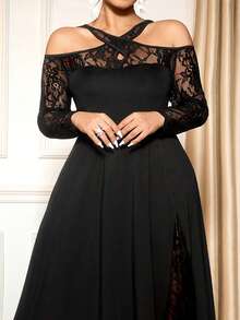 Cravure Plus Size Solid Color Off-Shoulder Long Sleeve Sheer Sexy Ruffle Hem Vintage Lace Dress - Black - View 6