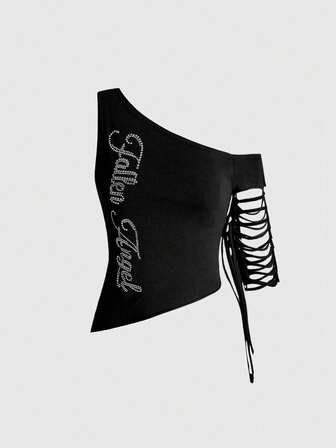 ROMWE Avant Camiseta versátil de mujer de unicolor con texto en inglés impreso, asimétrica, con hombro hueco y ajustada